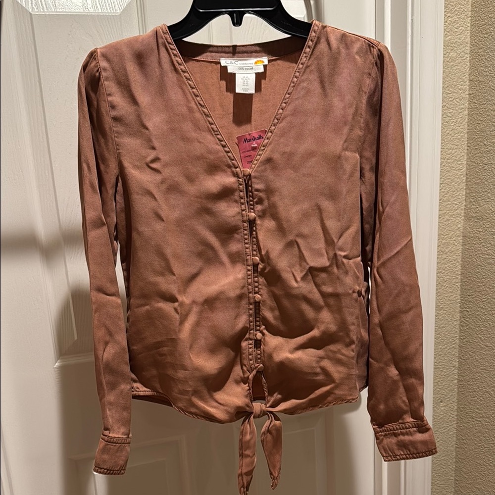 C&C California Pink Satin Tie Front Blouse
